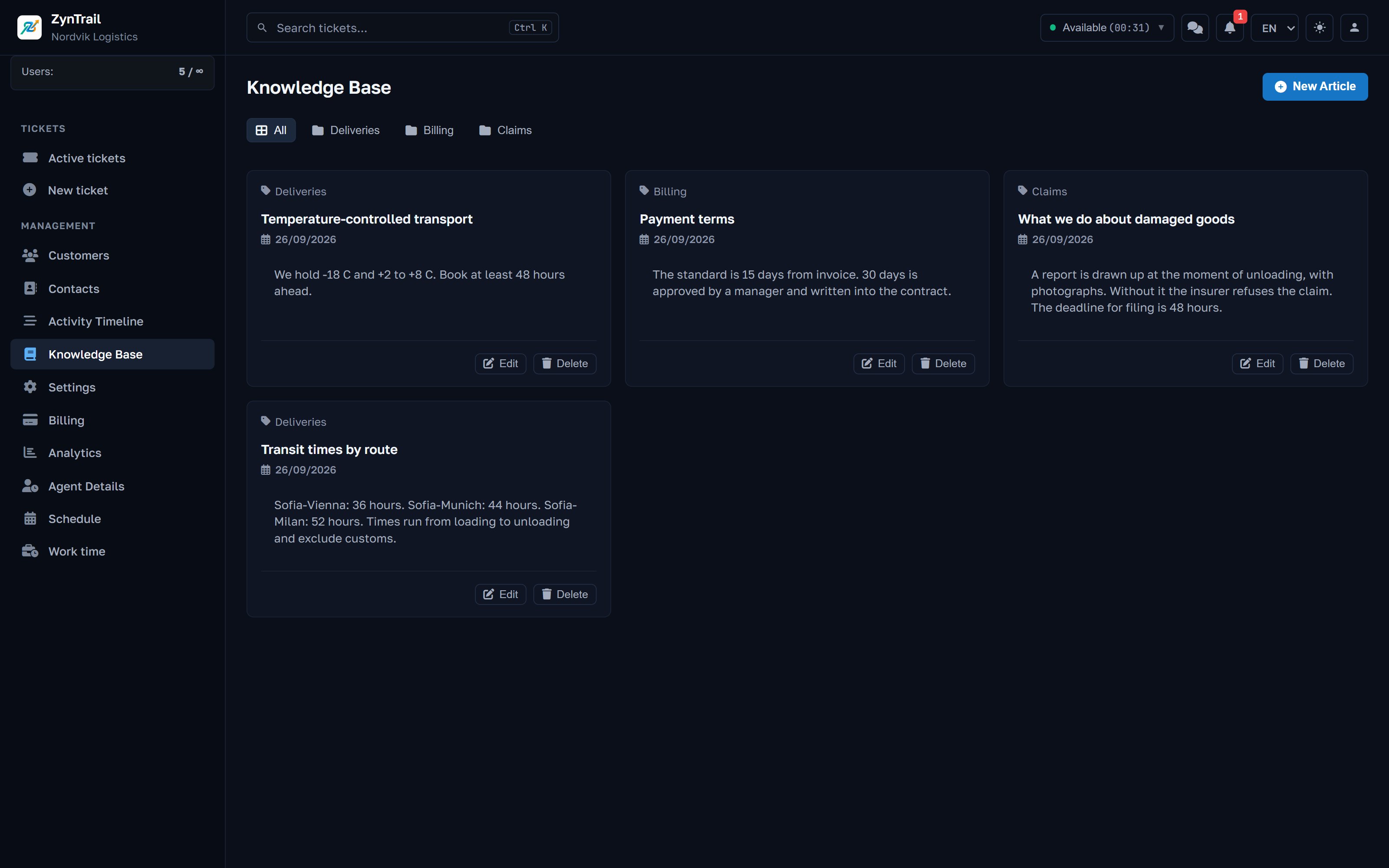 The knowledge base with articles about passwords, invoices, delivery times and business hours