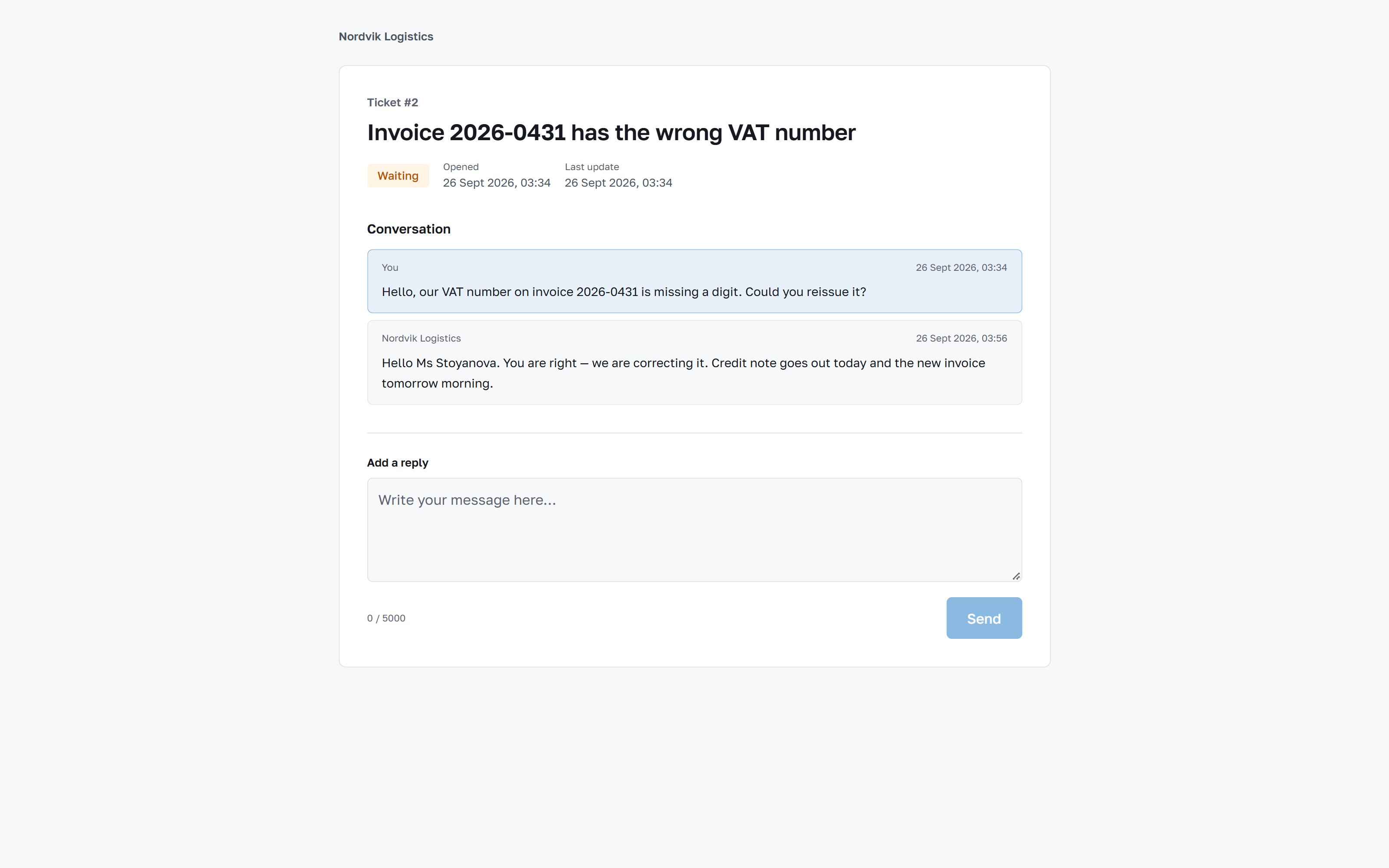 The customer portal: the ticket, the correspondence and a reply box, no sign-in