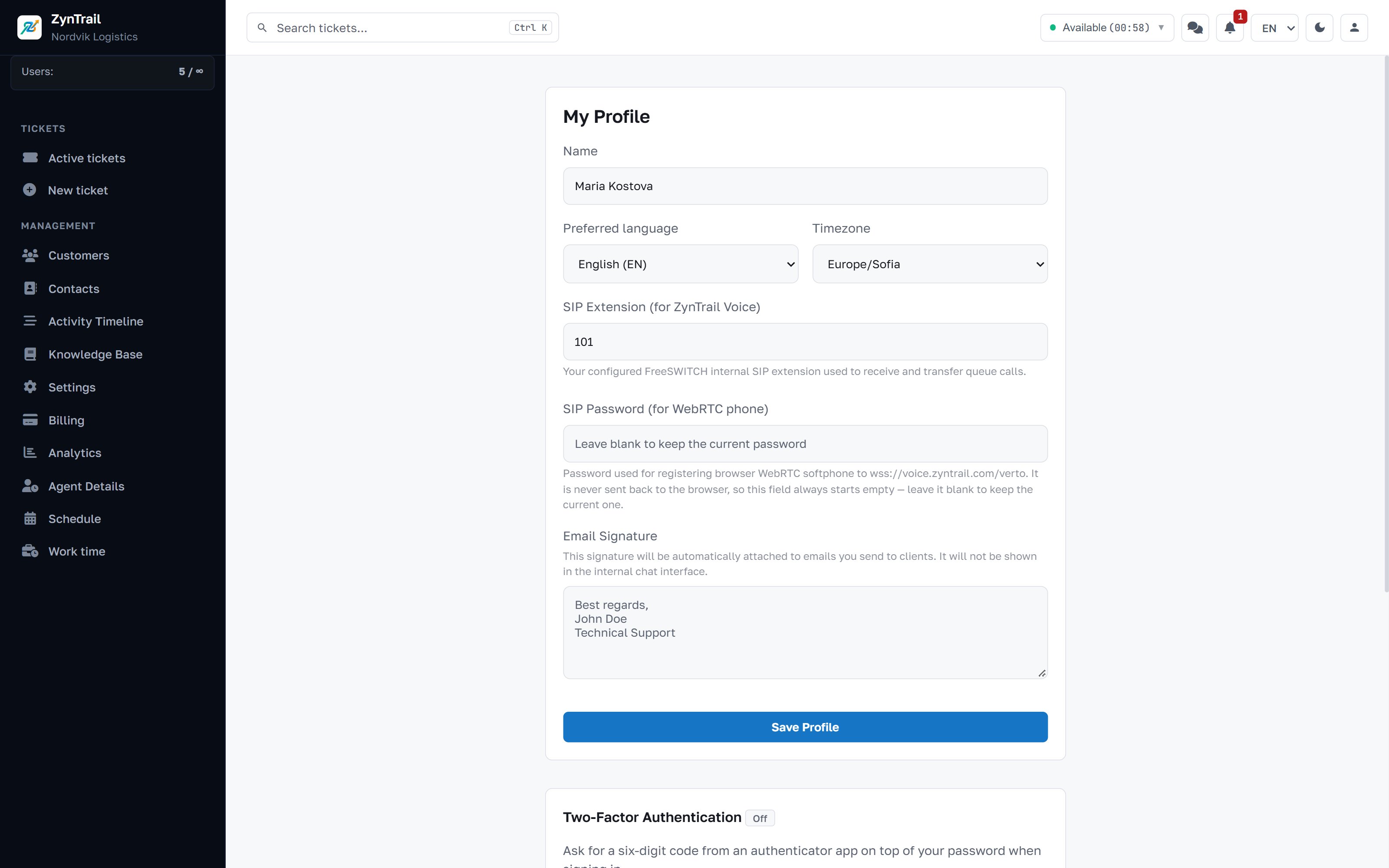 An agent's profile with active sessions by device and browser
