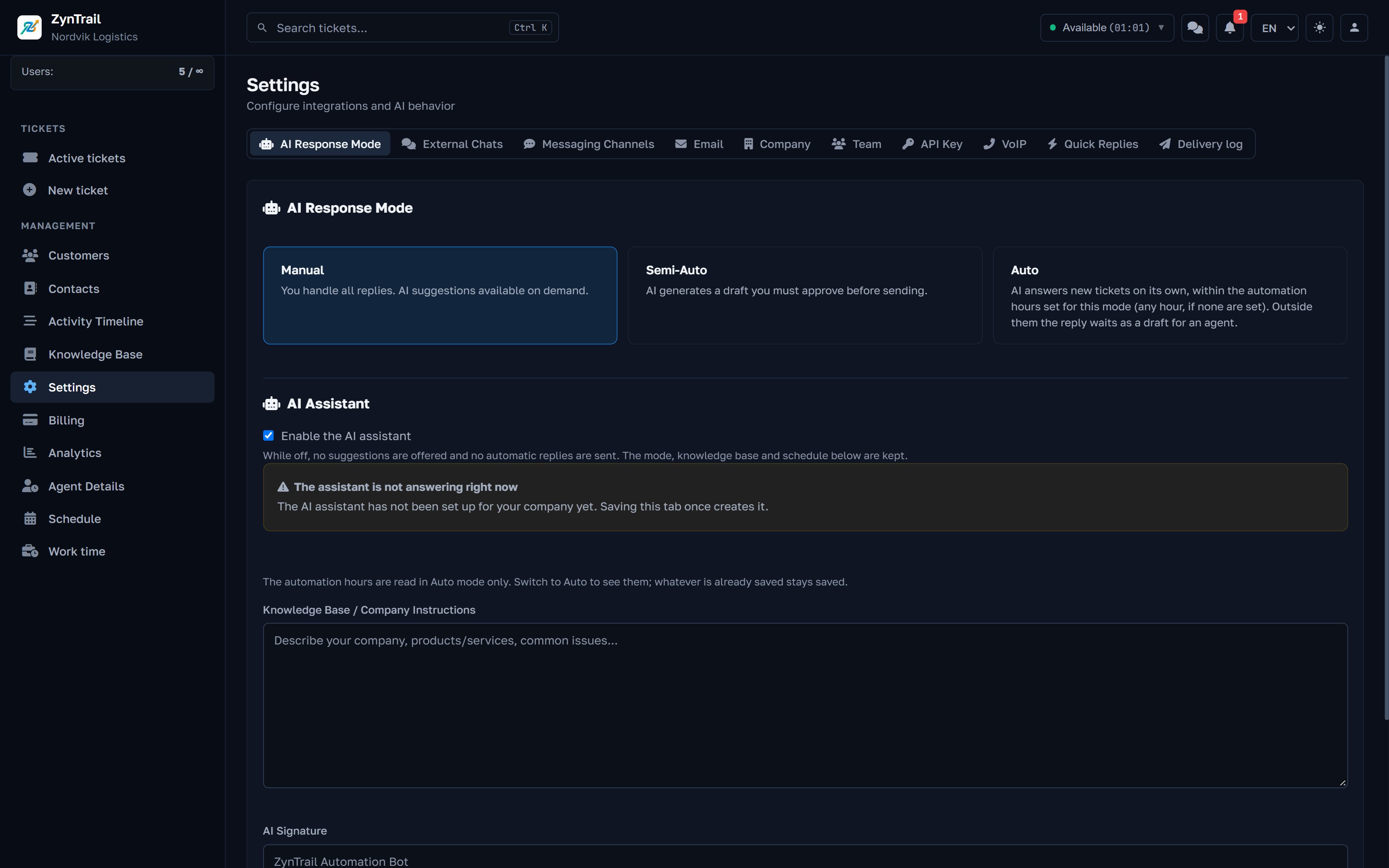 Company settings: mailbox, channels, SLA and API key