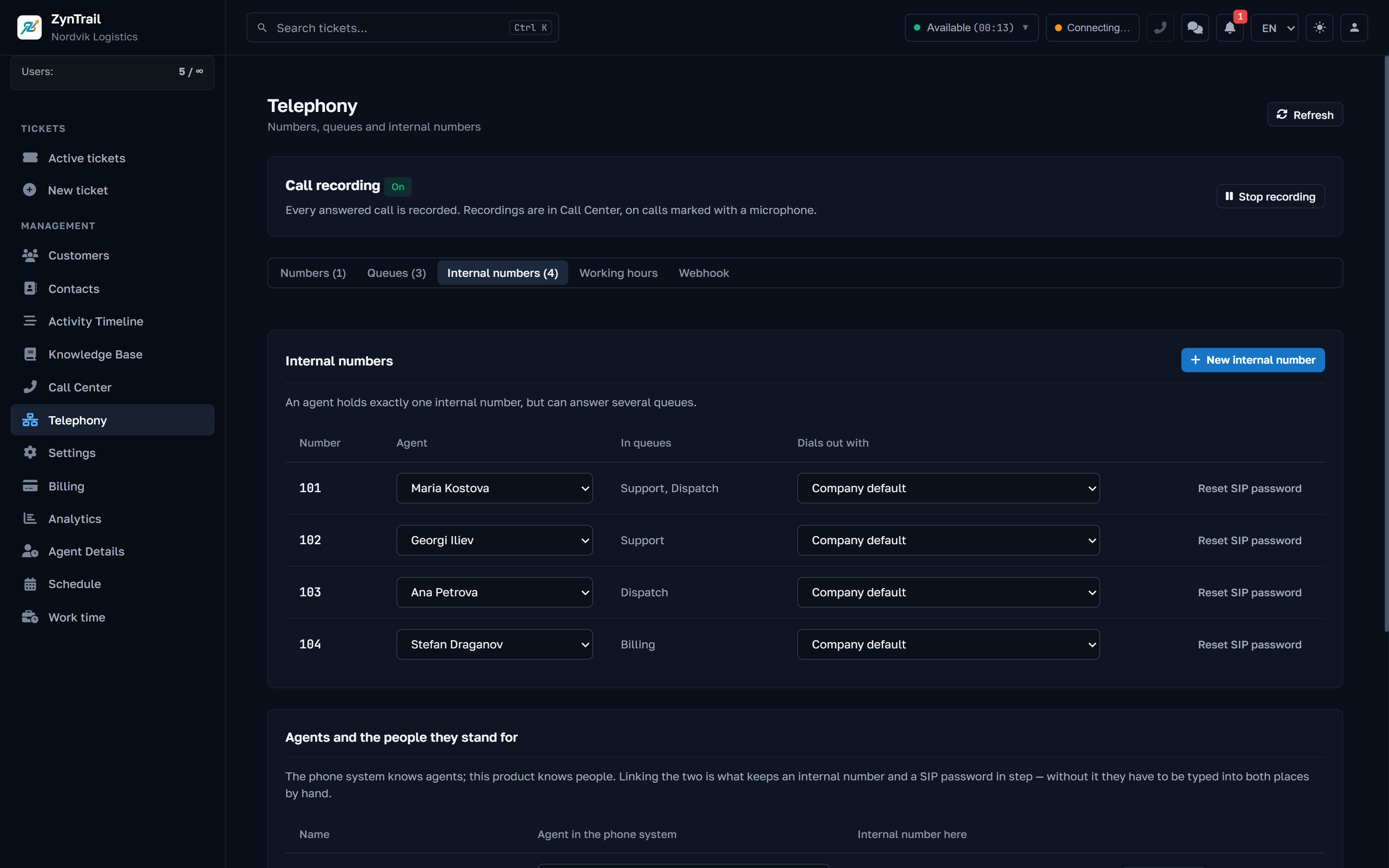 Extensions: one per agent, which queues they answer and which number they dial out with