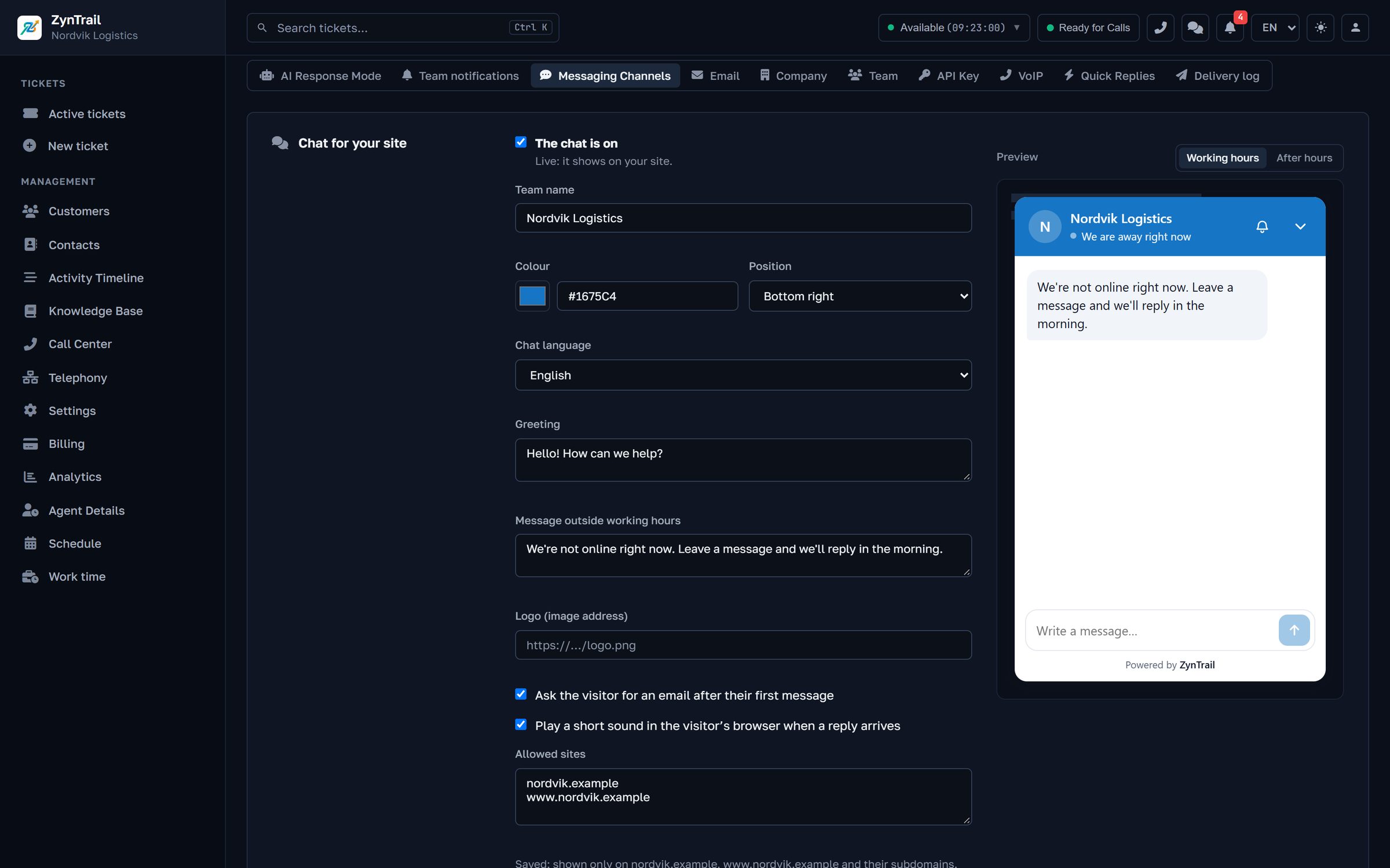 Website chat settings in ZynTrail: colour, position, language, greeting, out-of-hours message and the sites the chat may appear on