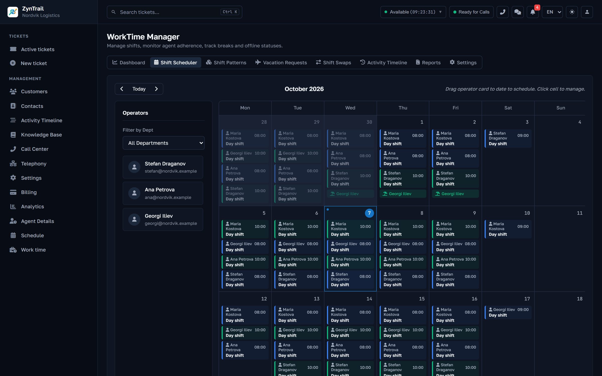 The shift scheduler: a month grid with each agent's shifts and leave, a department filter and the operator list